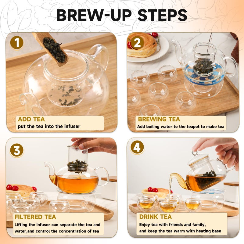 GURUDAR Glass Teapot Set  27OZ/800ML Stovetop Safe Glass Tea Kettle with 6 Small Double Wall Tea Cups & Loose Tea Infuser & Tea Warmer  Microwave & Dishwasher Safe Tea Maker  Blooming Tea Gift Set - Image 4